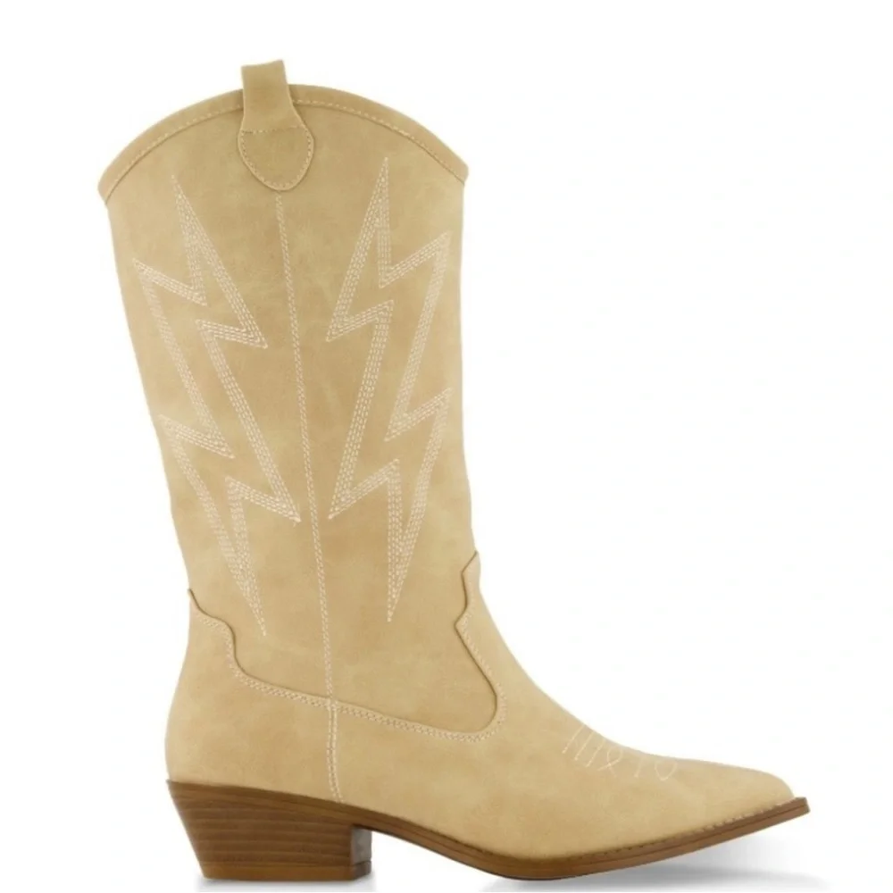 🩵 Women Lighting Bolt Leather Cowboy Western Natural Boots NWT ‼️SALE